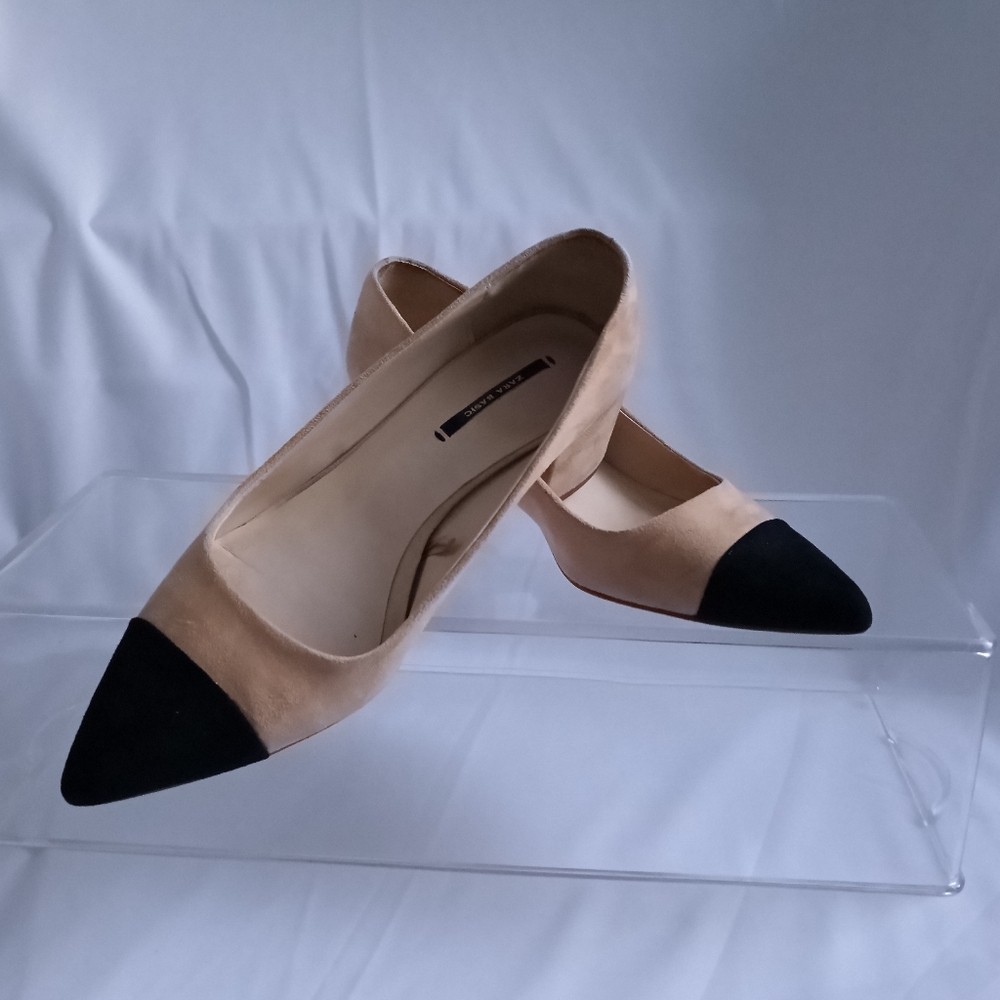 Zara Two-tone Microsued Block Heel Shoes In Tan and Black - Picture 2 of 10